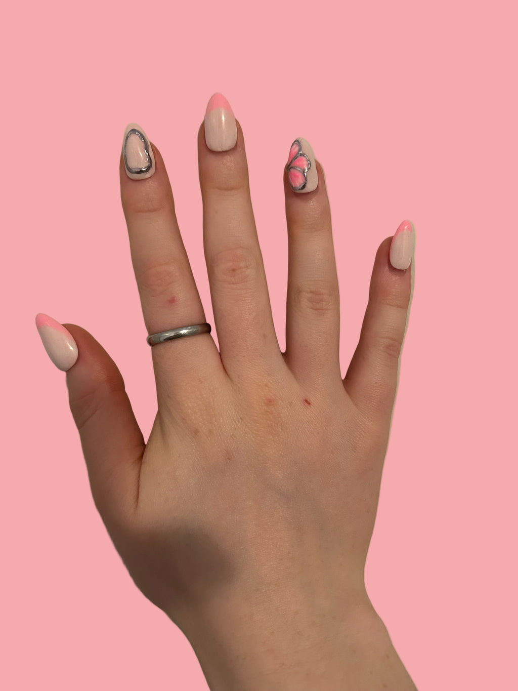 Pink French Tip and Chrome - Short Almond