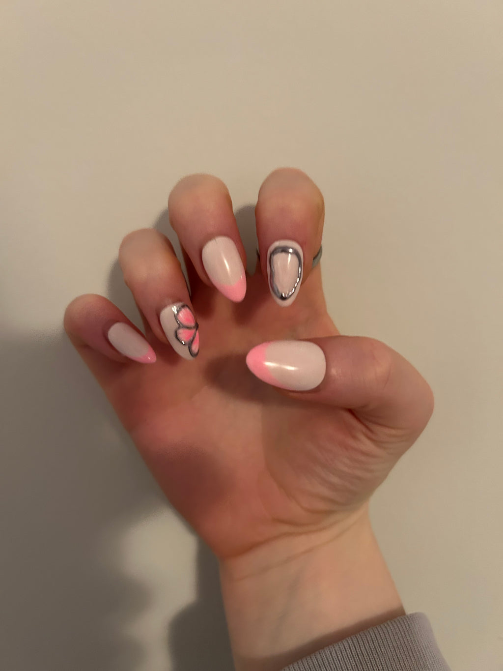 Pink French Tip and Chrome - Short Almond